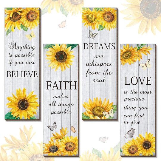 Greentek; 4 Pcs Summer Sunflower Wall Decor Inspirational Sunflower Kitchen Decor and Accessories Wooden Rustic Farmhouse Yellow Flowers Wall Art Decoration for Home Bathroom Office Living Room(White); Category:Wall Decor; Image:1